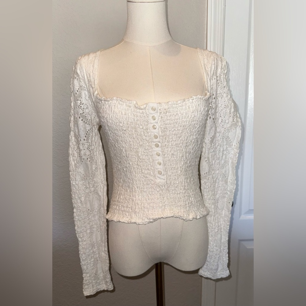 Free People Cream Smocked Lace Blouse